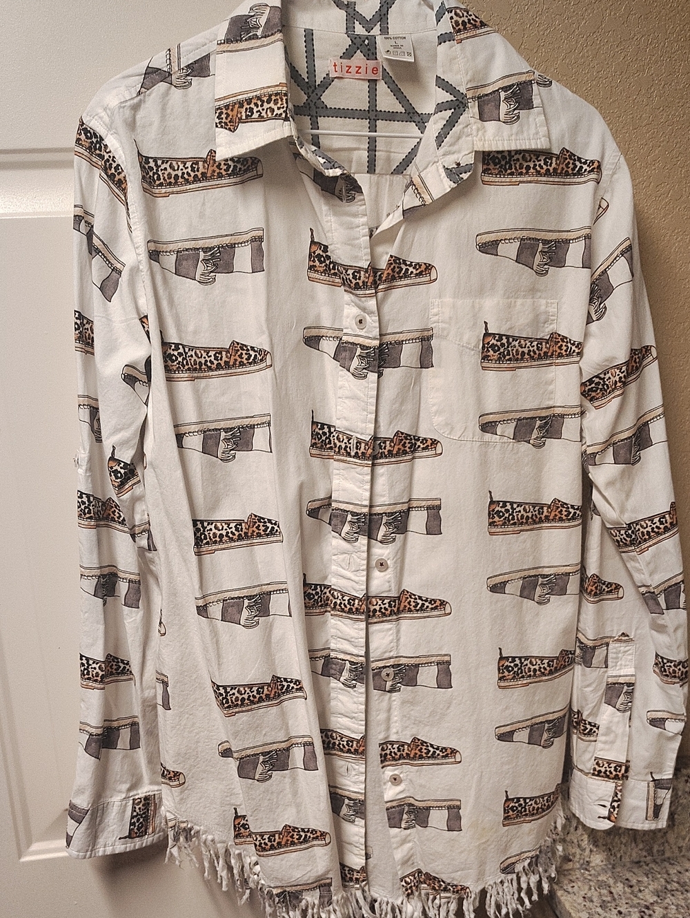 Tizzie White Button-Down Shirt with Leopard-Trim Shoe Print